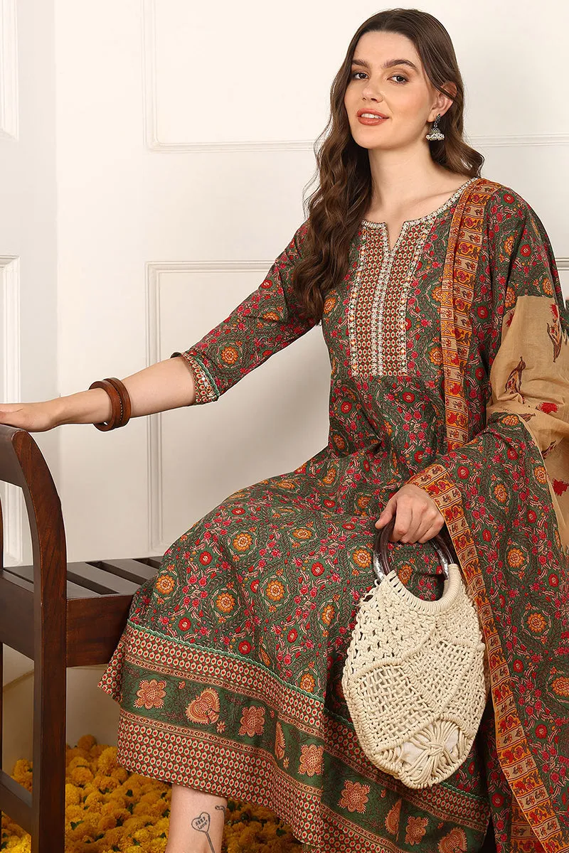 Green Cotton Floral Printed Embroidered Anarkali Suit Set