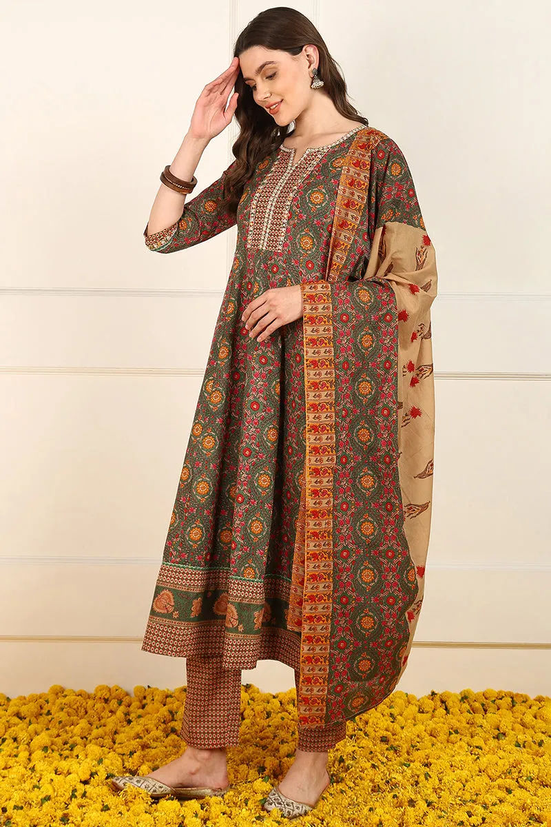 Green Cotton Floral Printed Embroidered Anarkali Suit Set