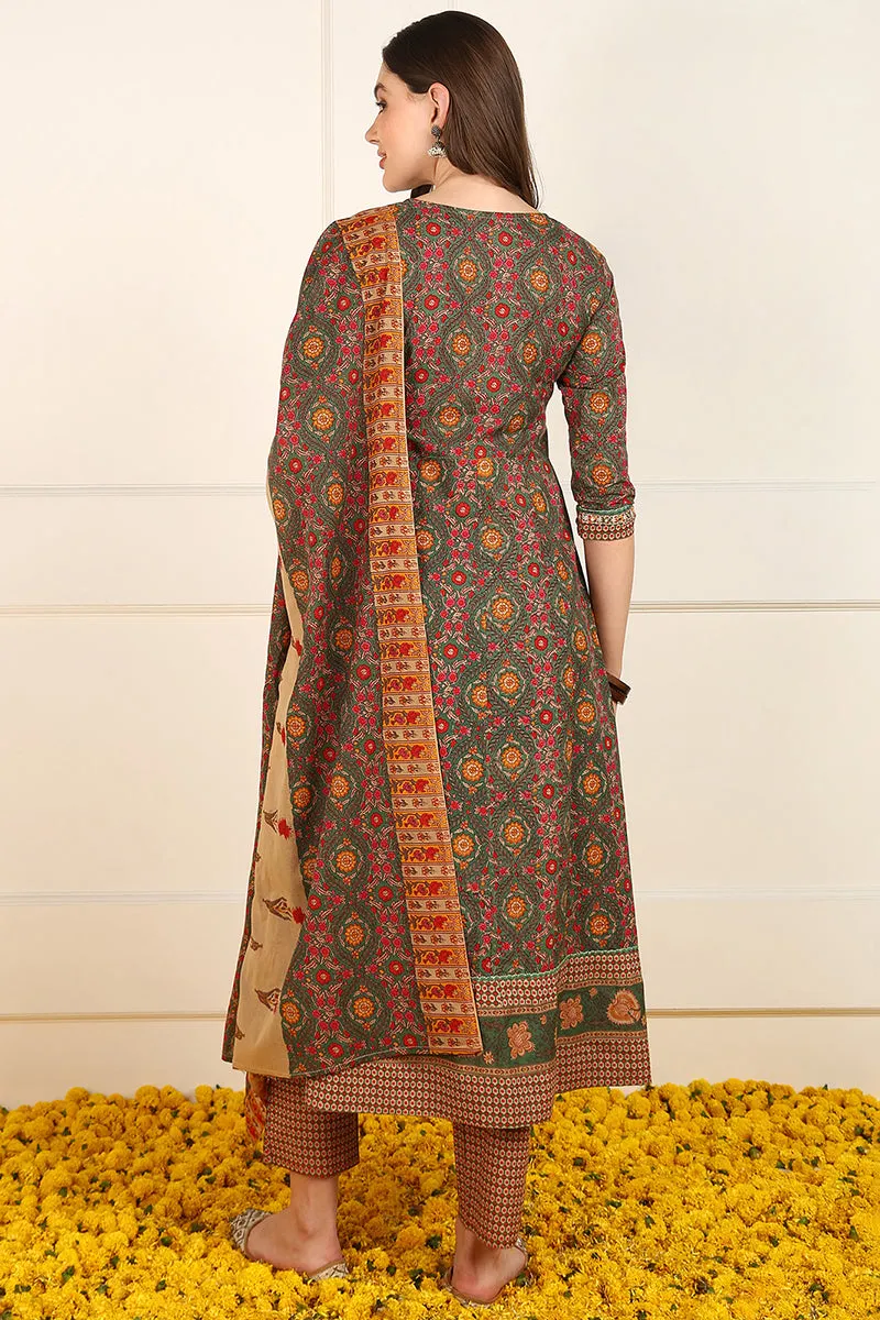 Green Cotton Floral Printed Embroidered Anarkali Suit Set