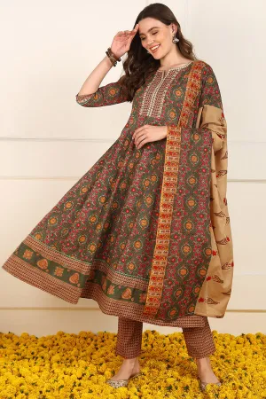 Green Cotton Floral Printed Embroidered Anarkali Suit Set