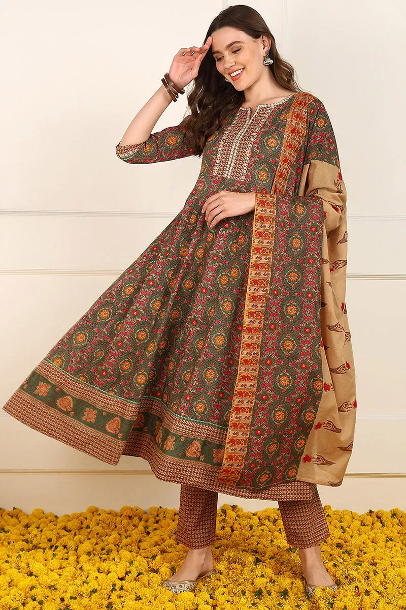 Green Cotton Floral Printed Embroidered Anarkali Suit Set