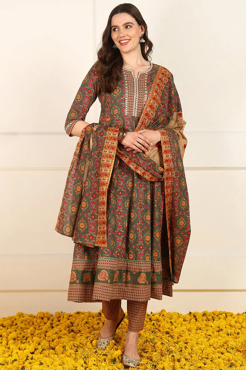 Green Cotton Floral Printed Embroidered Anarkali Suit Set