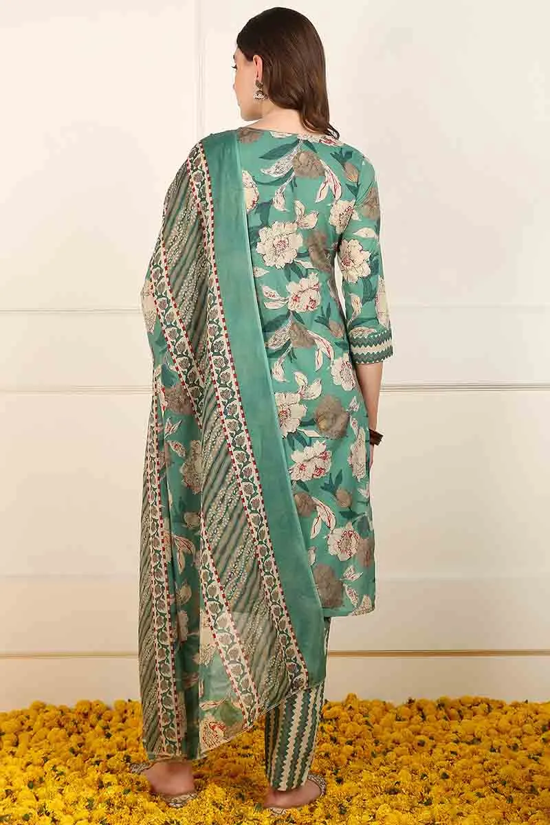Green Cotton Floral Printed Straight Suit Set