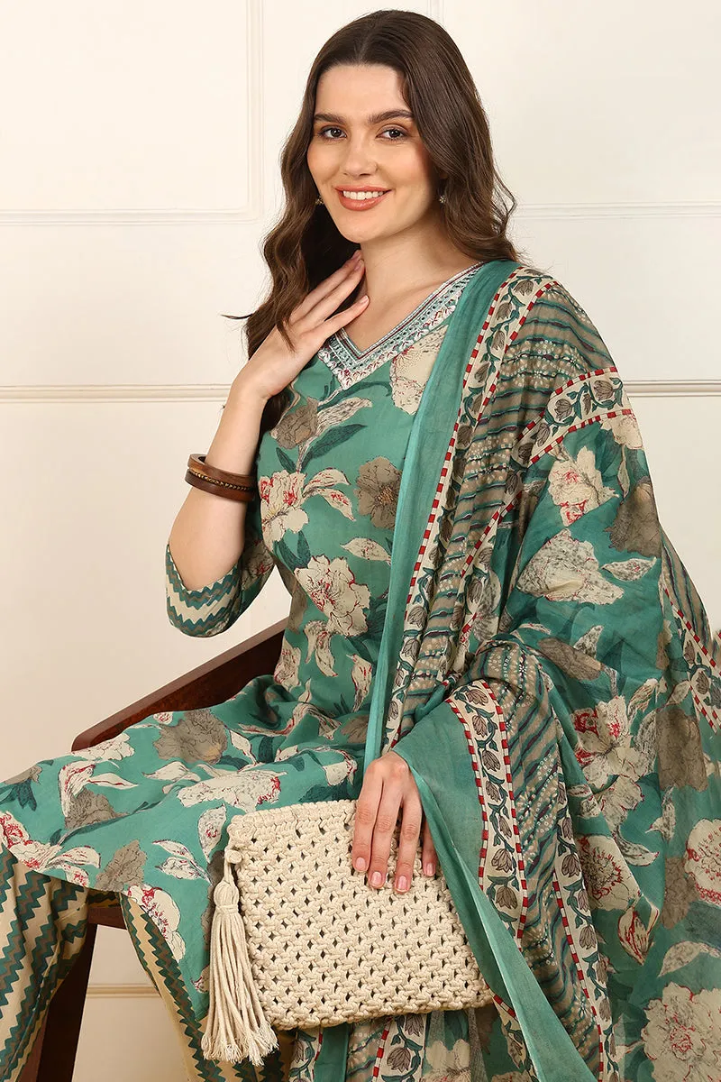 Green Cotton Floral Printed Straight Suit Set