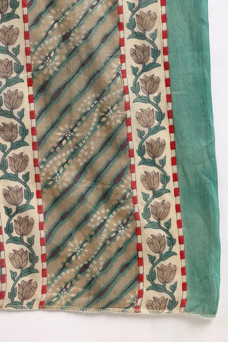Green Cotton Floral Printed Straight Suit Set