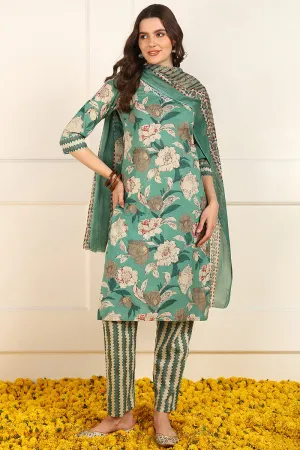 Green Cotton Floral Printed Straight Suit Set