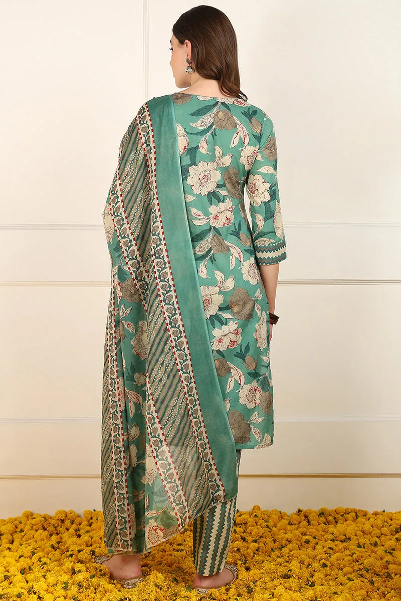 Green Cotton Floral Printed Straight Suit Set