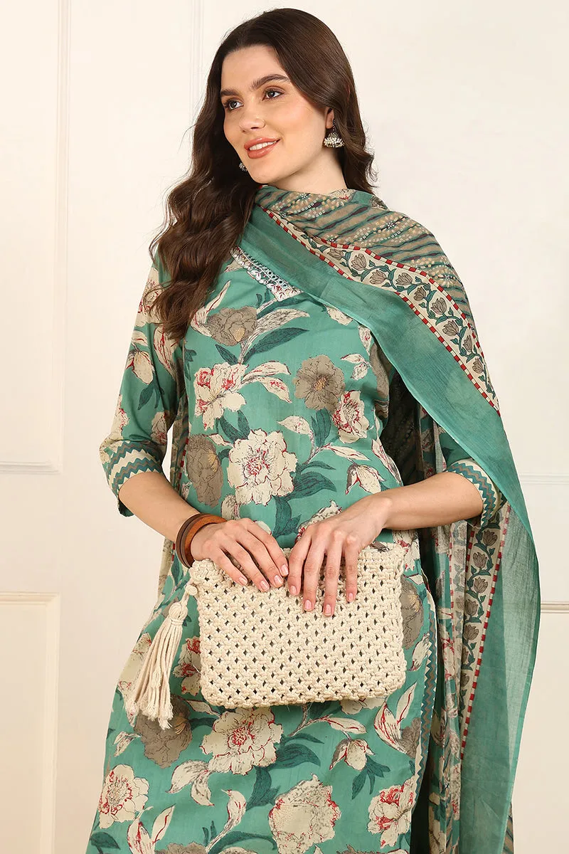 Green Cotton Floral Printed Straight Suit Set