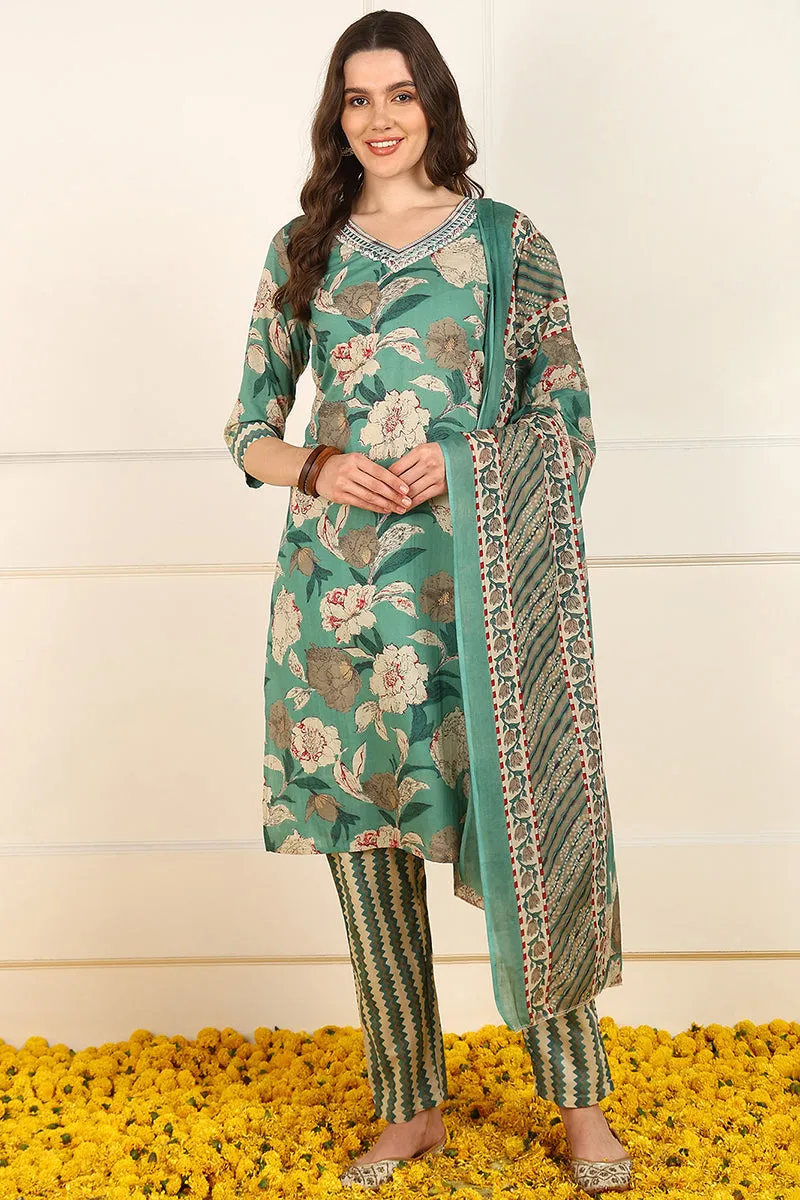 Green Cotton Floral Printed Straight Suit Set