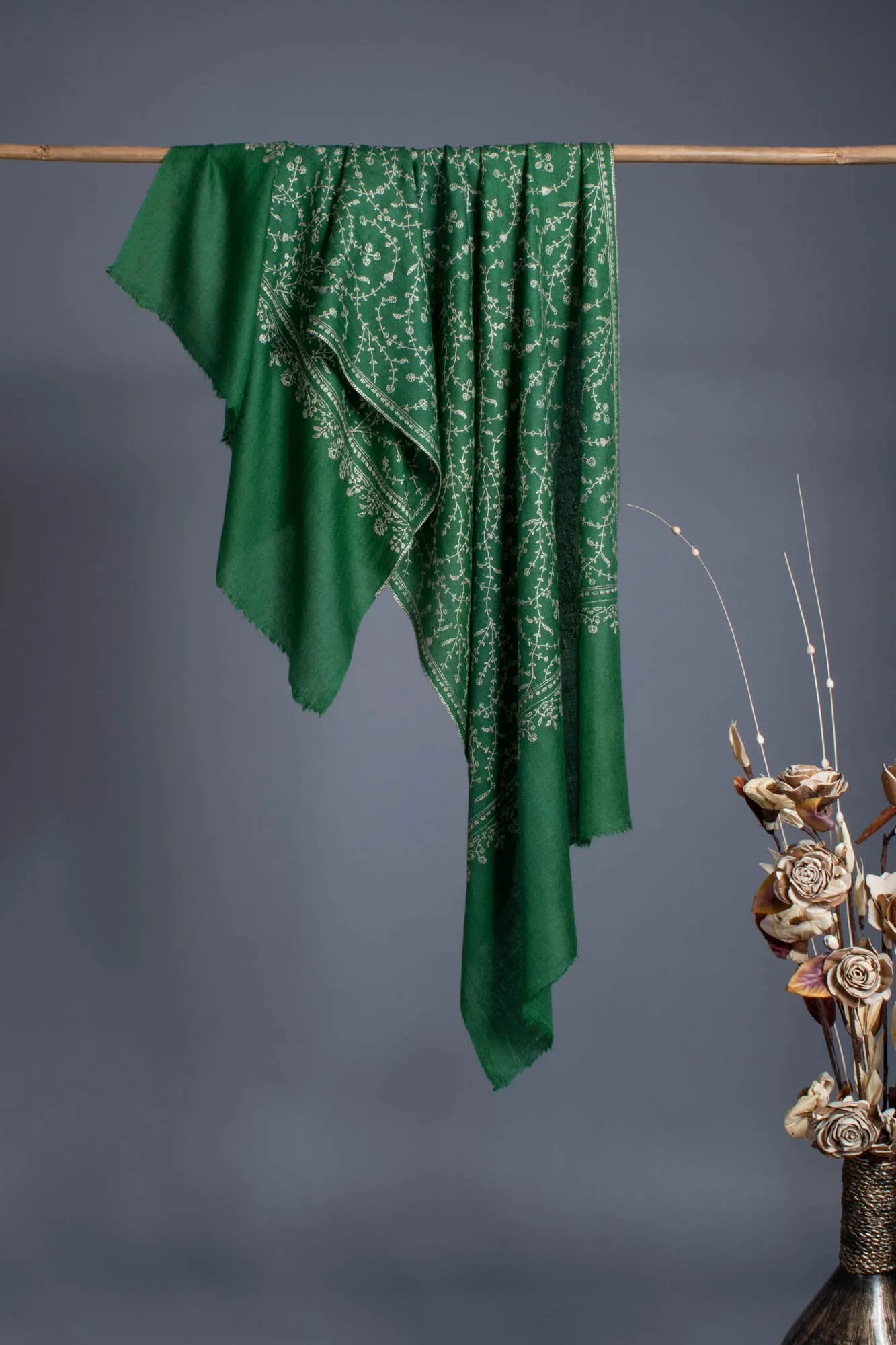 Green Hand Embroidered Pashmina Scarf - JUAREZ