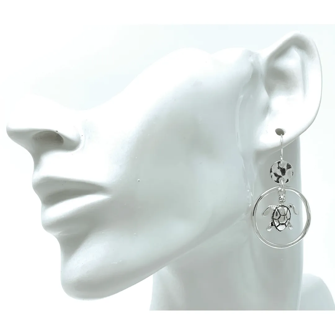 Hammered Circle Hoop Silver Sea Turtle Earrings