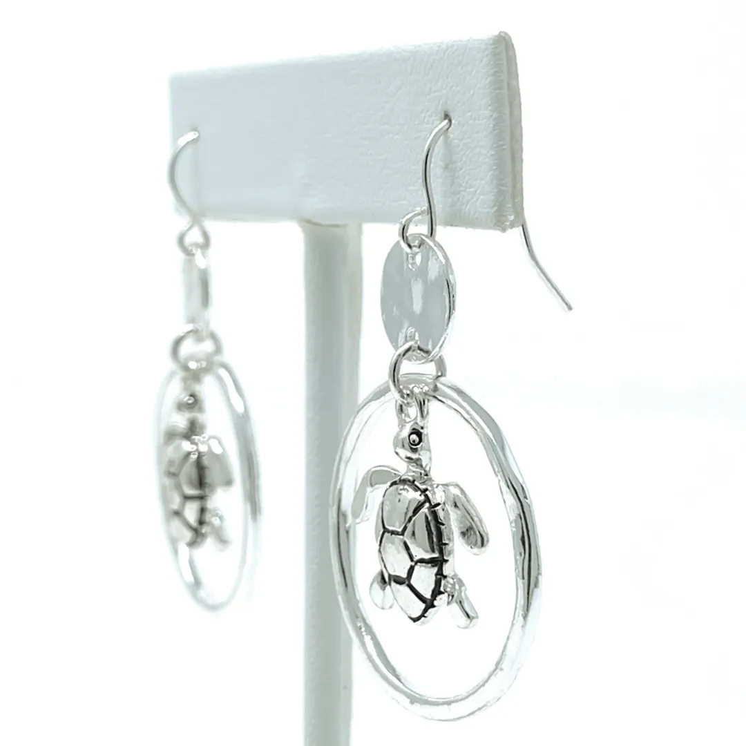 Hammered Circle Hoop Silver Sea Turtle Earrings