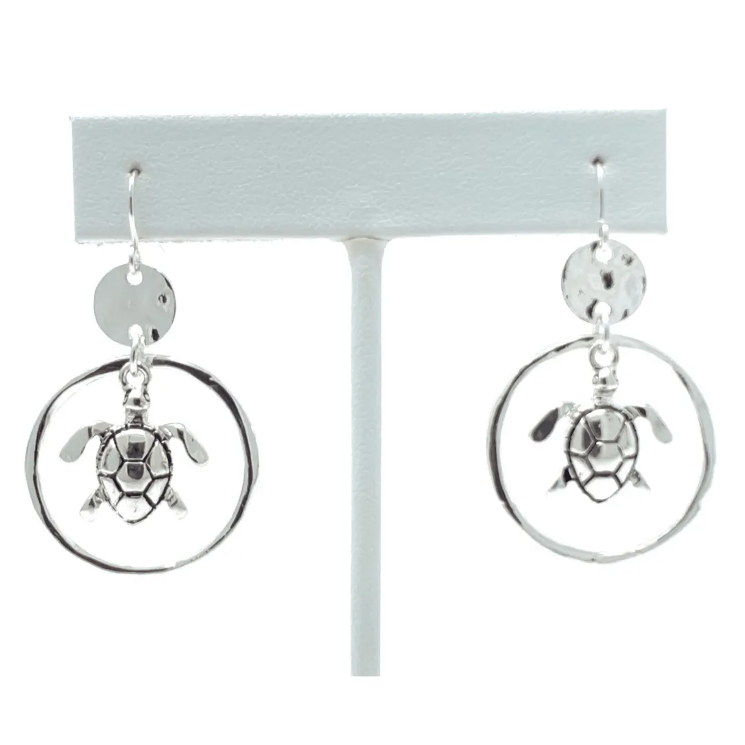 Hammered Circle Hoop Silver Sea Turtle Earrings