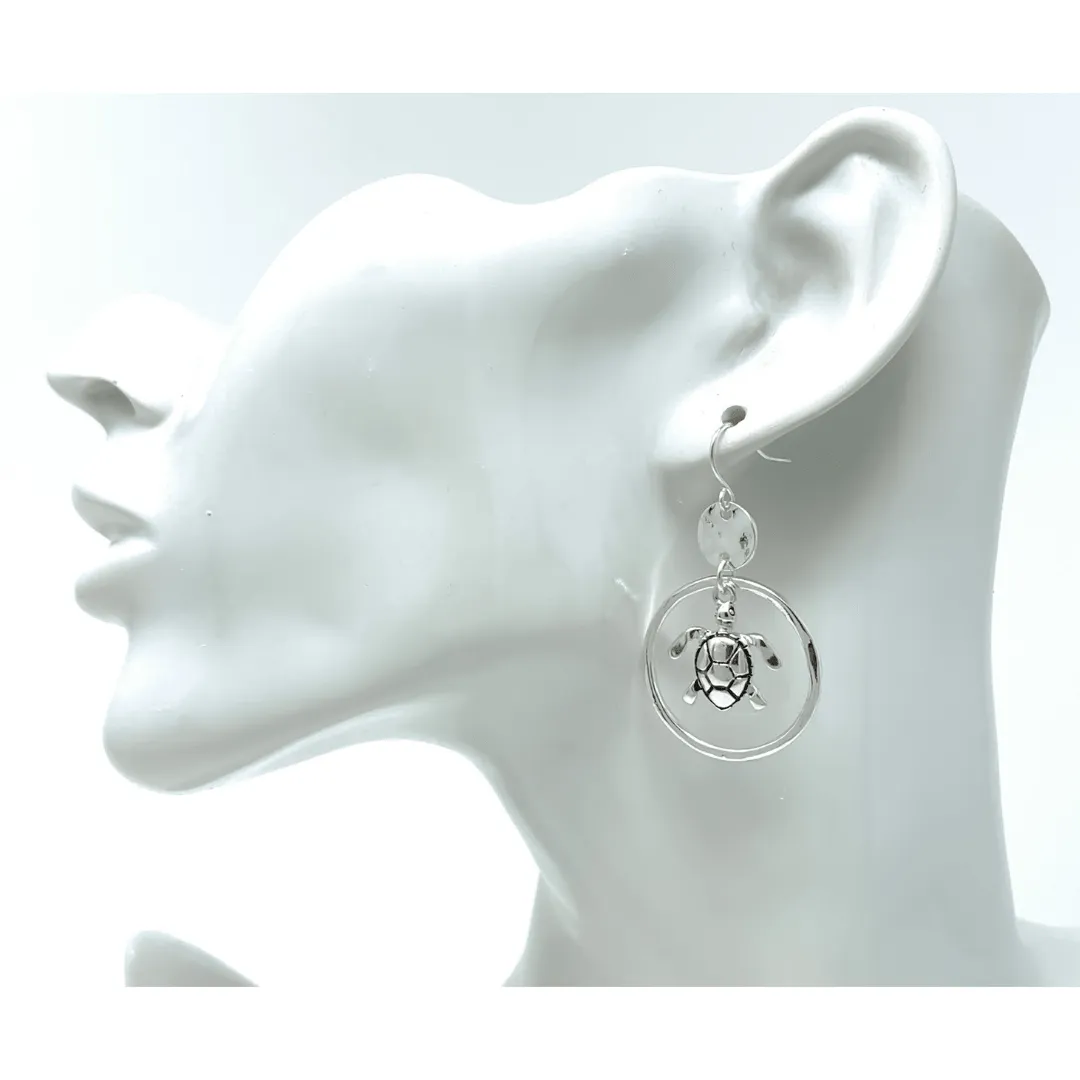 Hammered Circle Hoop Silver Sea Turtle Earrings