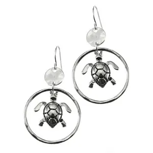 Hammered Circle Hoop Silver Sea Turtle Earrings