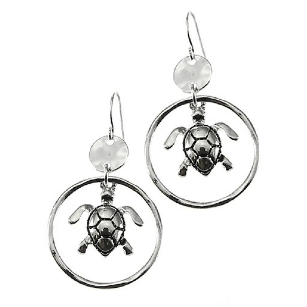 Hammered Circle Hoop Silver Sea Turtle Earrings