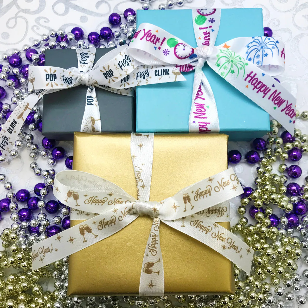 Happy New Year Ribbon Fun on 7/8" White single face satin ribbon