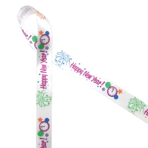 Happy New Year Ribbon Fun on 7/8" White single face satin ribbon