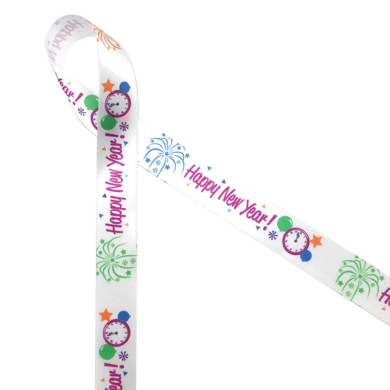 Happy New Year Ribbon Fun on 7/8" White single face satin ribbon