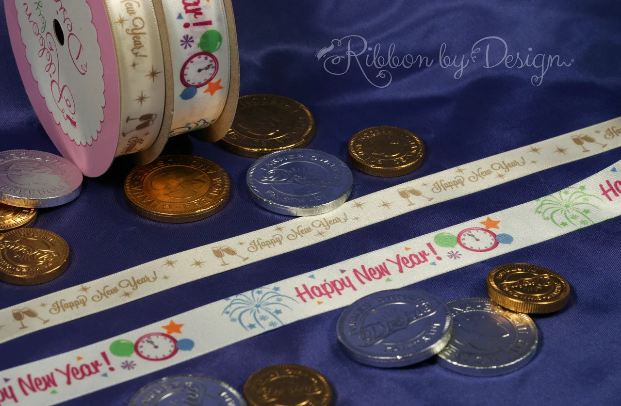 Happy New Year Ribbon Fun on 7/8" White single face satin ribbon