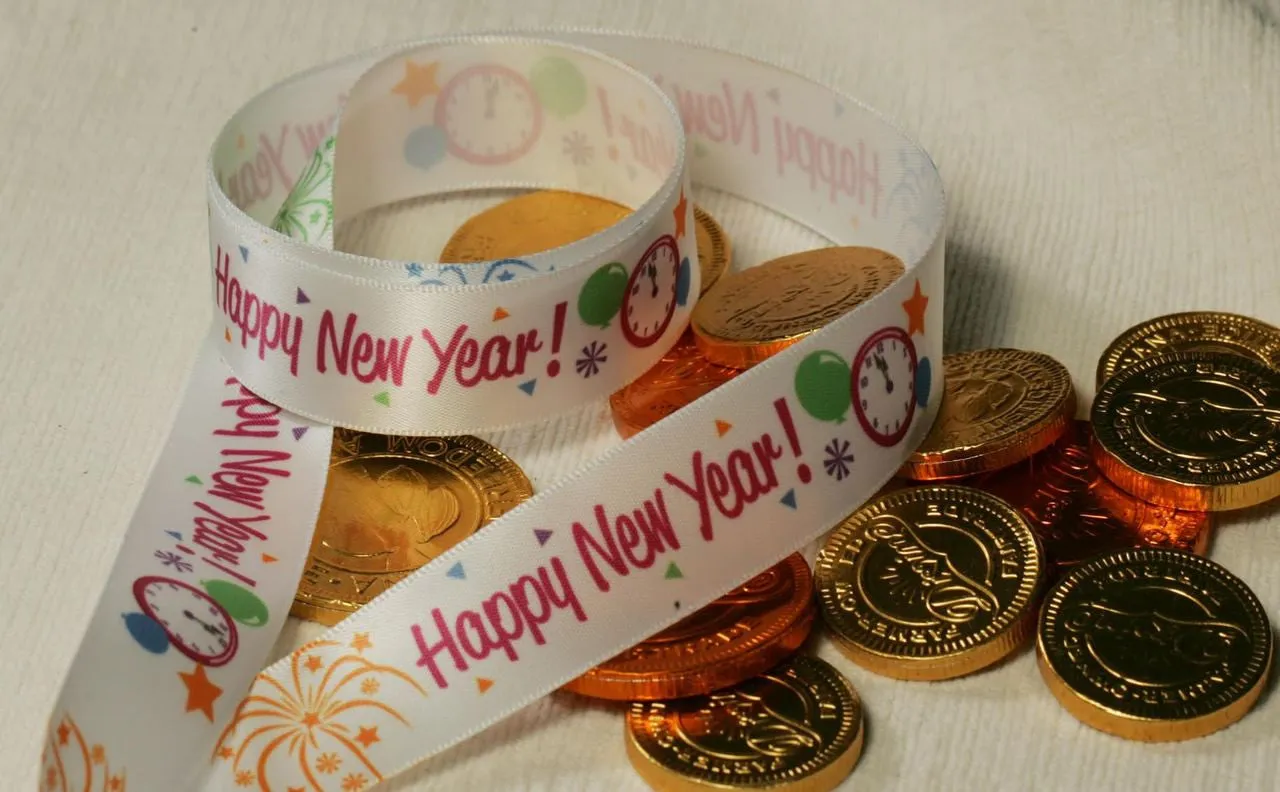 Happy New Year Ribbon Fun on 7/8" White single face satin ribbon