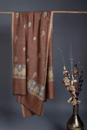 Khadi Brown Pashmina Palla Sozni - GANDHI