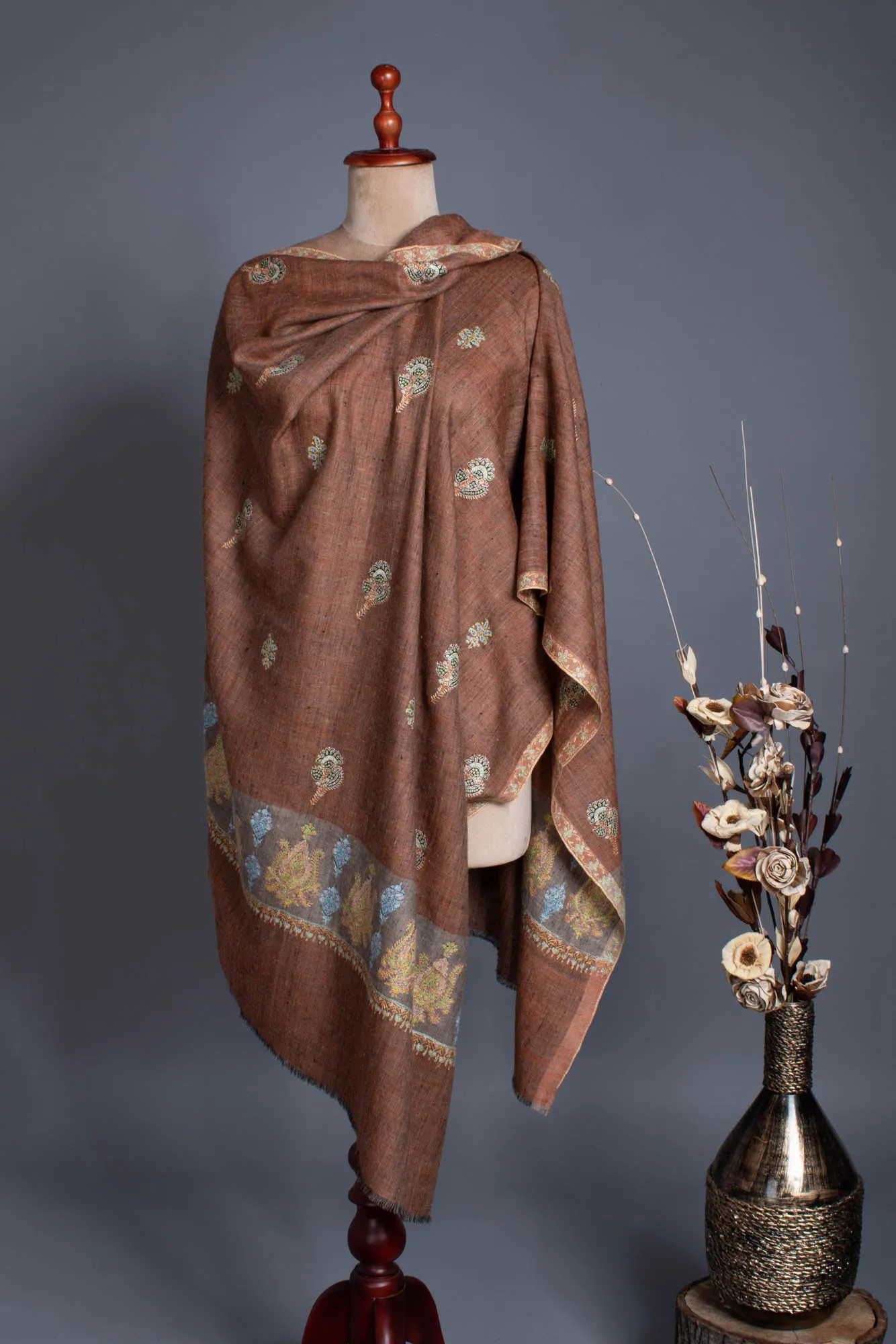 Khadi Brown Pashmina Palla Sozni - GANDHI