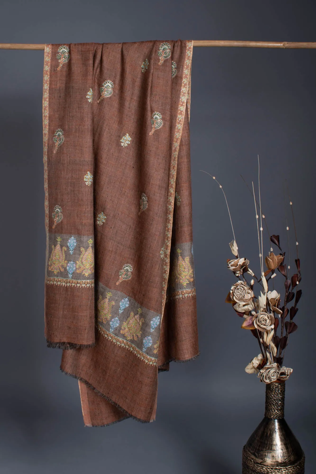 Khadi Brown Pashmina Palla Sozni - GANDHI
