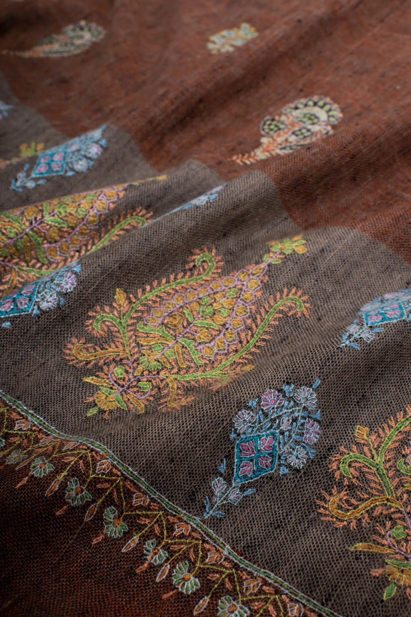 Khadi Brown Pashmina Palla Sozni - GANDHI