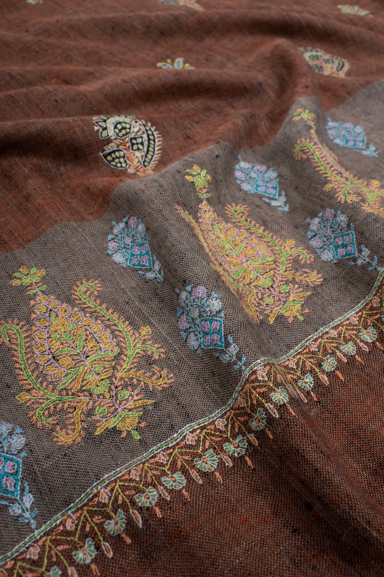 Khadi Brown Pashmina Palla Sozni - GANDHI