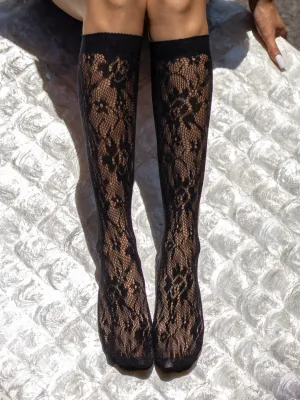 LACE FLORAL KNEE HIGH ROSES BLACK