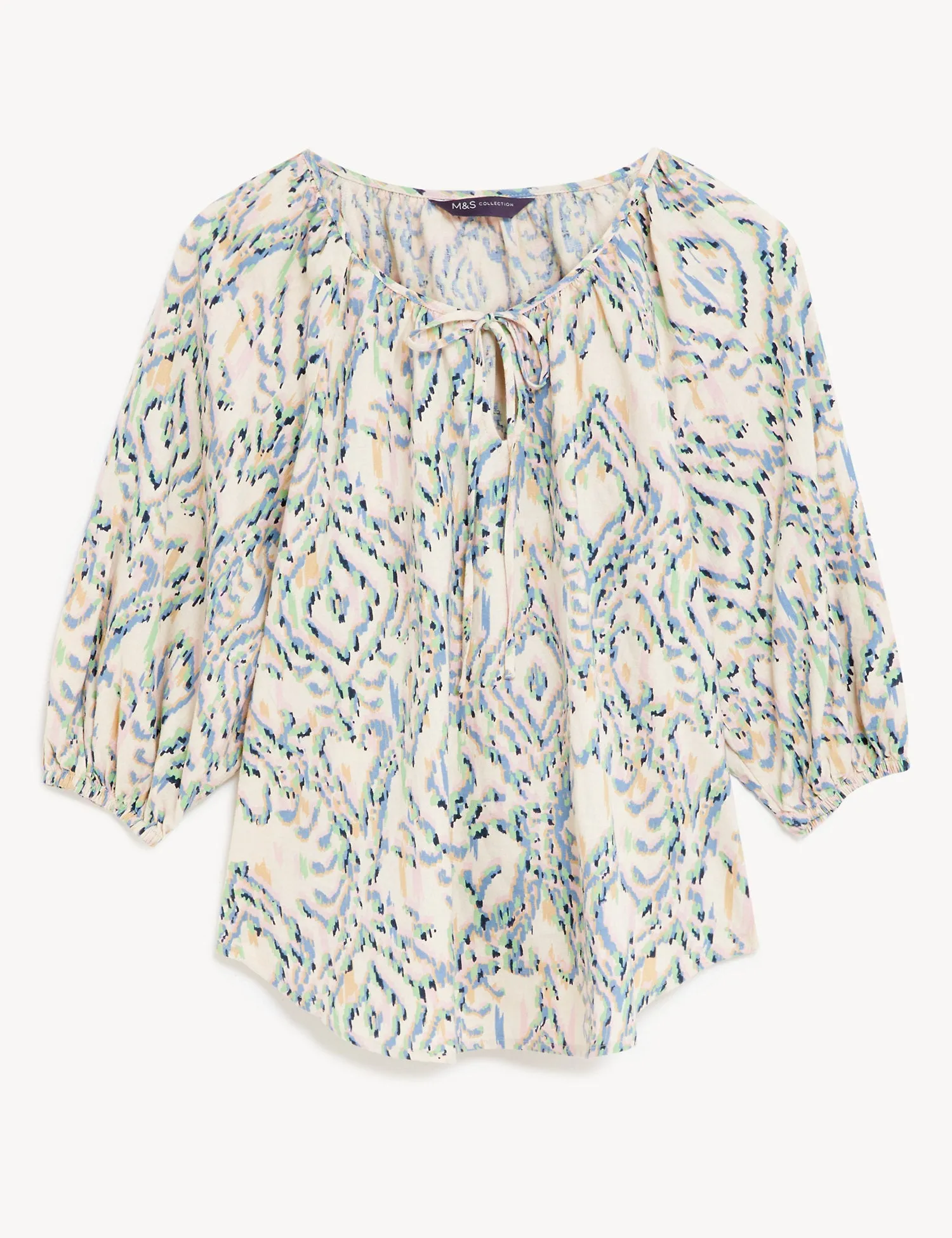 Linen Rich Printed Tie Neck Blouse
