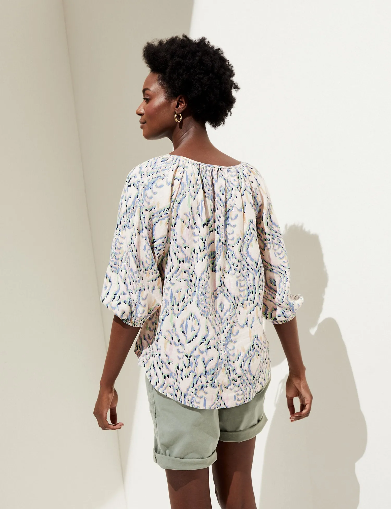 Linen Rich Printed Tie Neck Blouse