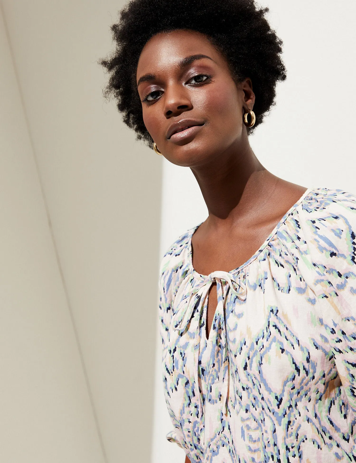 Linen Rich Printed Tie Neck Blouse