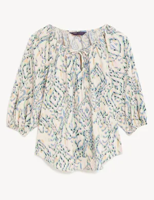 Linen Rich Printed Tie Neck Blouse