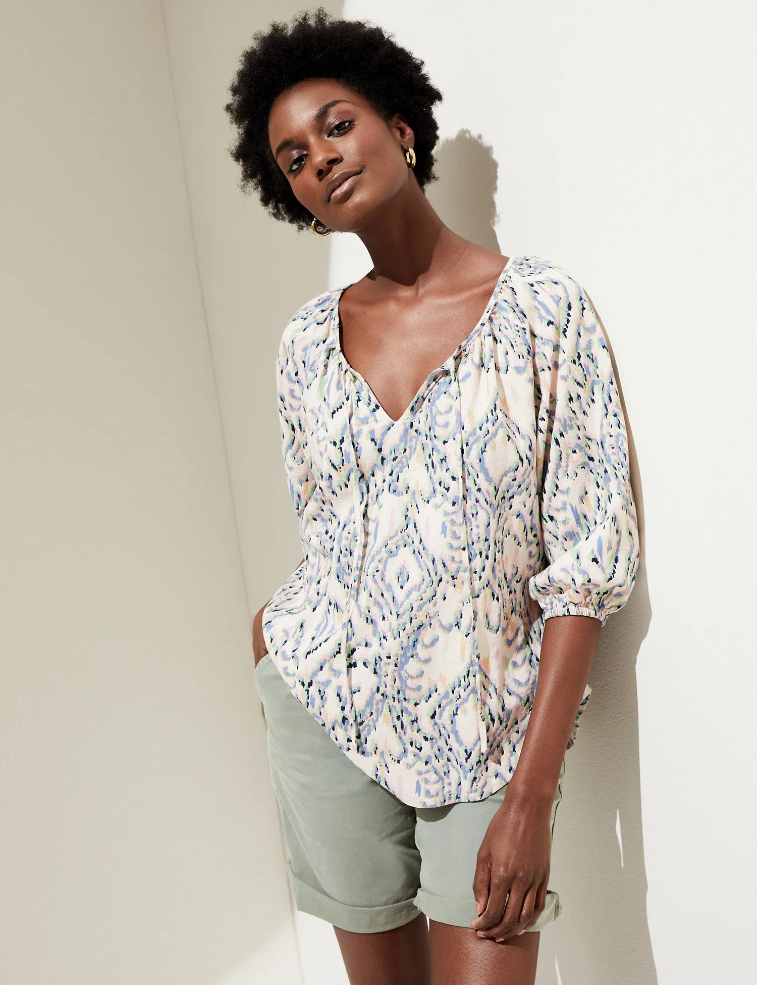 Linen Rich Printed Tie Neck Blouse