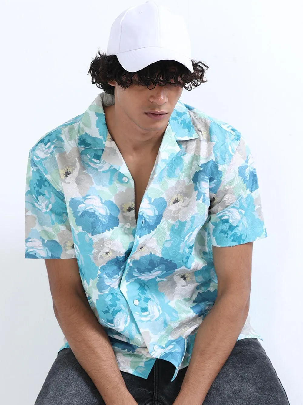 Men's Bermuda Blue Cuban Collar Embroidered shirt