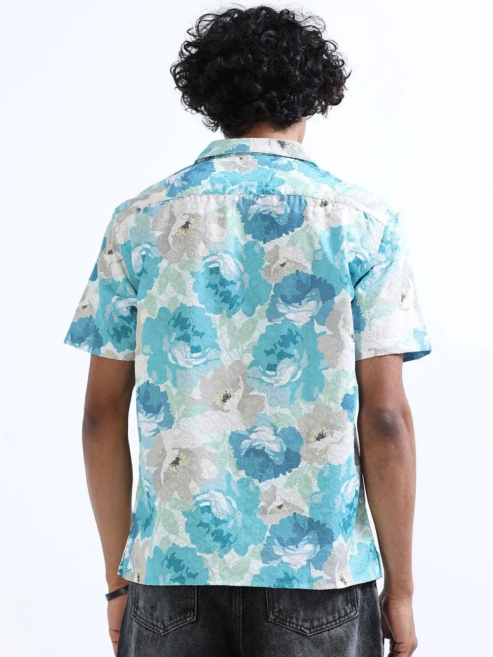 Men's Bermuda Blue Cuban Collar Embroidered shirt