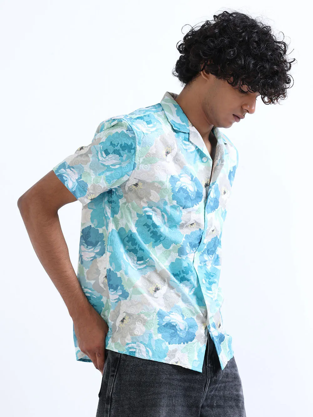 Men's Bermuda Blue Cuban Collar Embroidered shirt