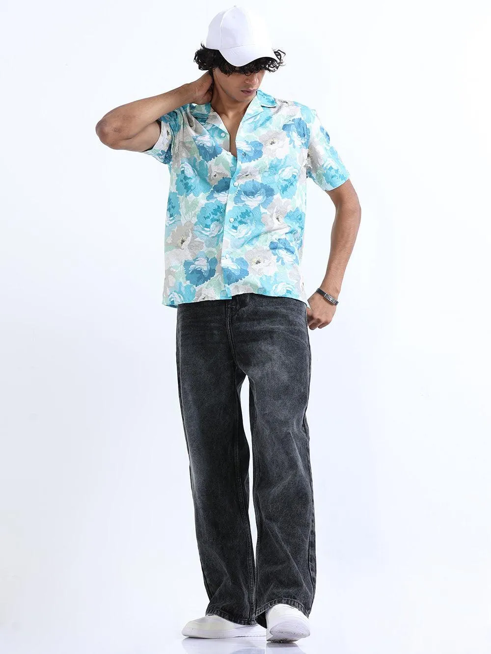 Men's Bermuda Blue Cuban Collar Embroidered shirt