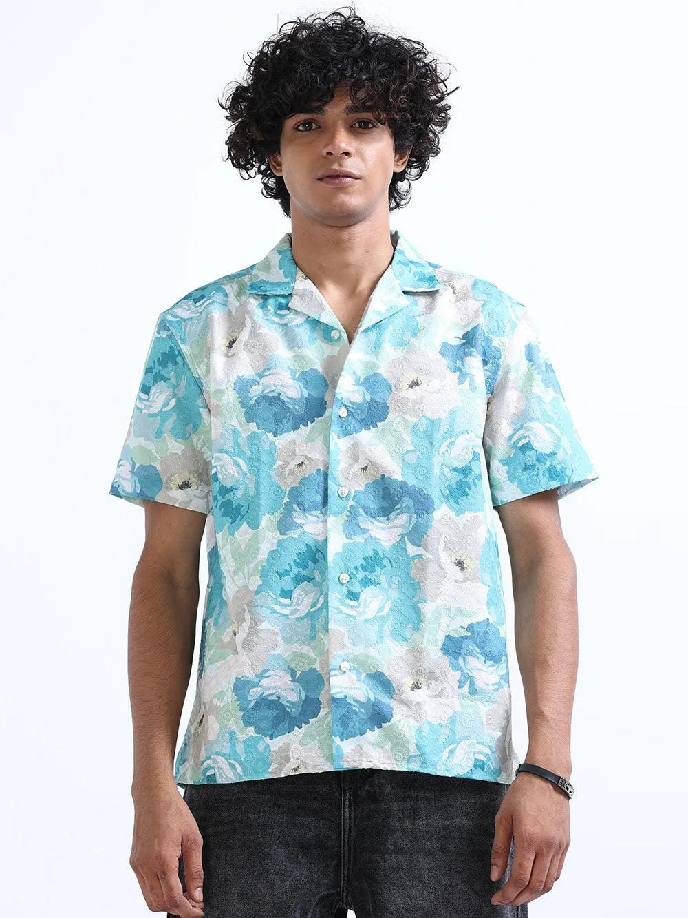 Men's Bermuda Blue Cuban Collar Embroidered shirt