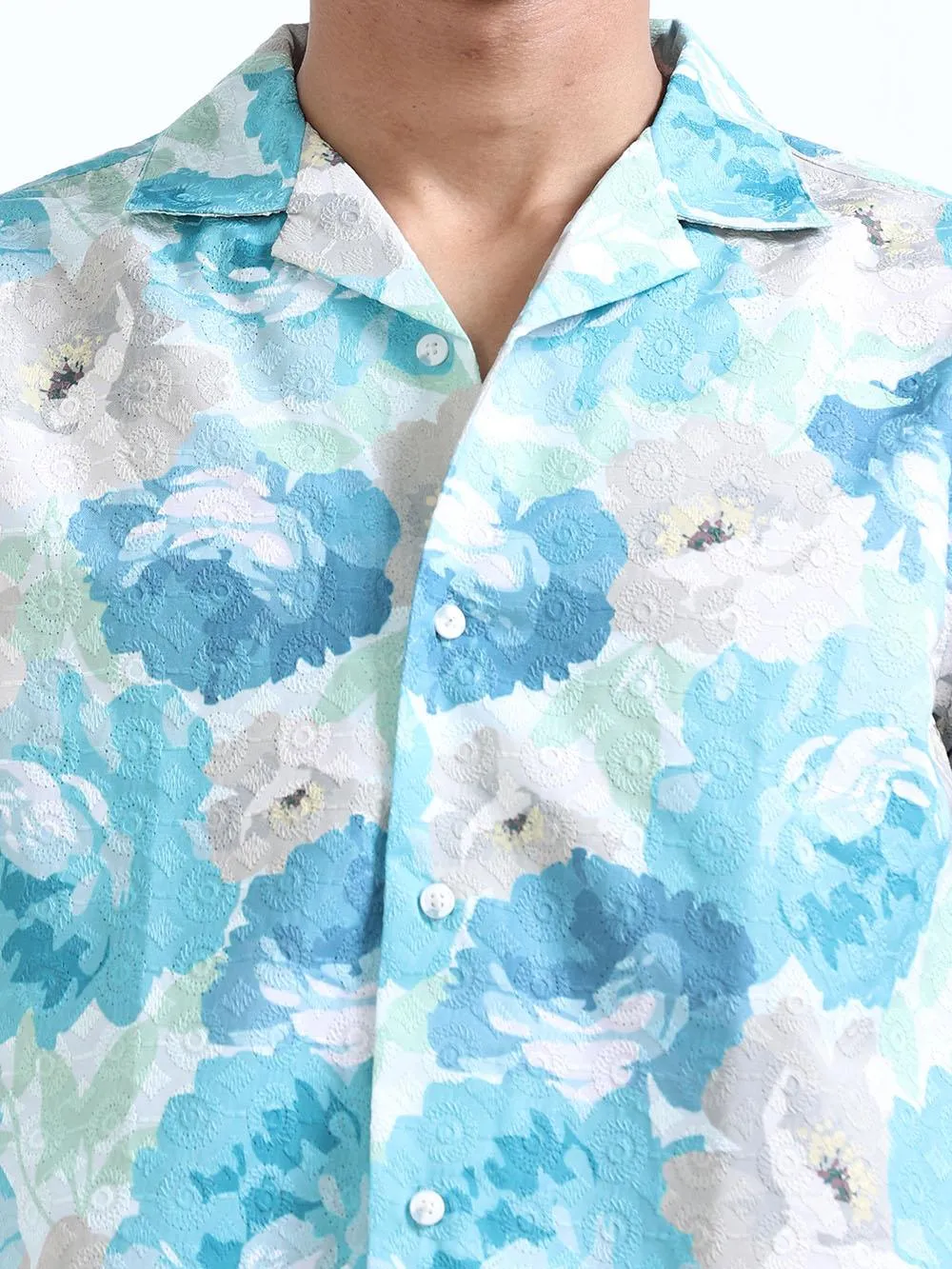 Men's Bermuda Blue Cuban Collar Embroidered shirt