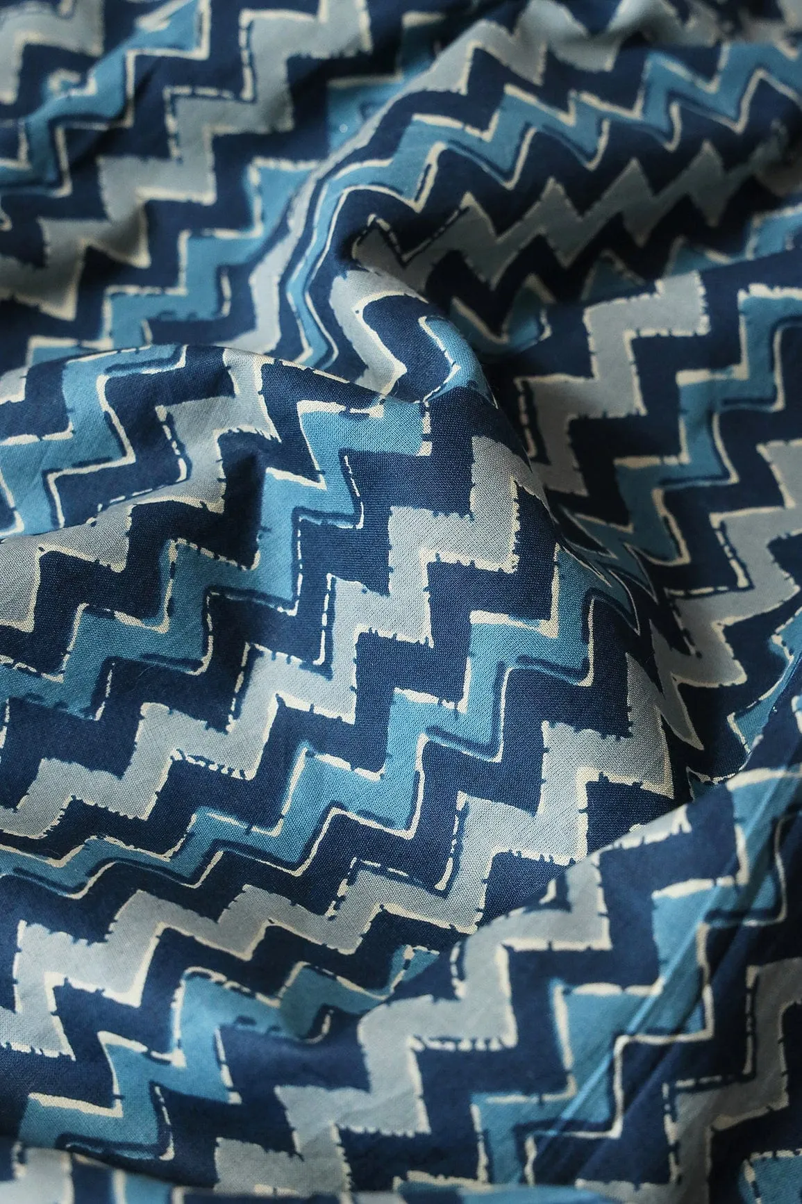 Navy Blue And Grey Chevron Print On Pure Cotton Fabric