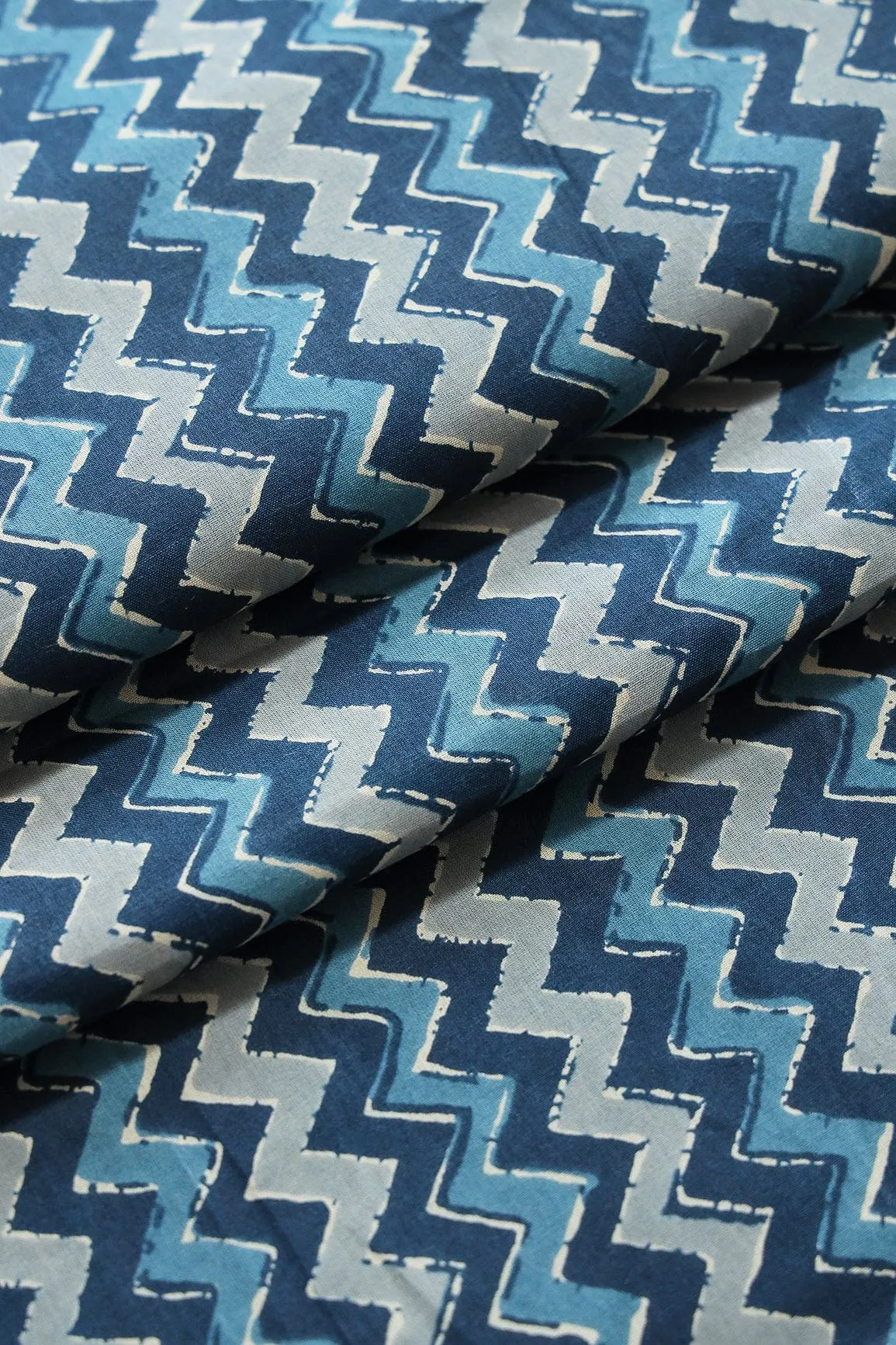 Navy Blue And Grey Chevron Print On Pure Cotton Fabric
