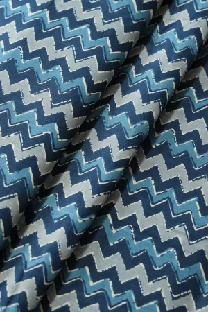 Navy Blue And Grey Chevron Print On Pure Cotton Fabric