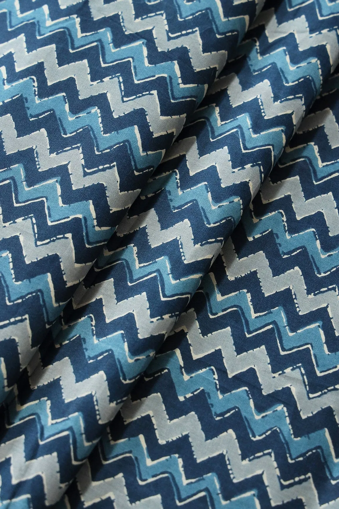 Navy Blue And Grey Chevron Print On Pure Cotton Fabric