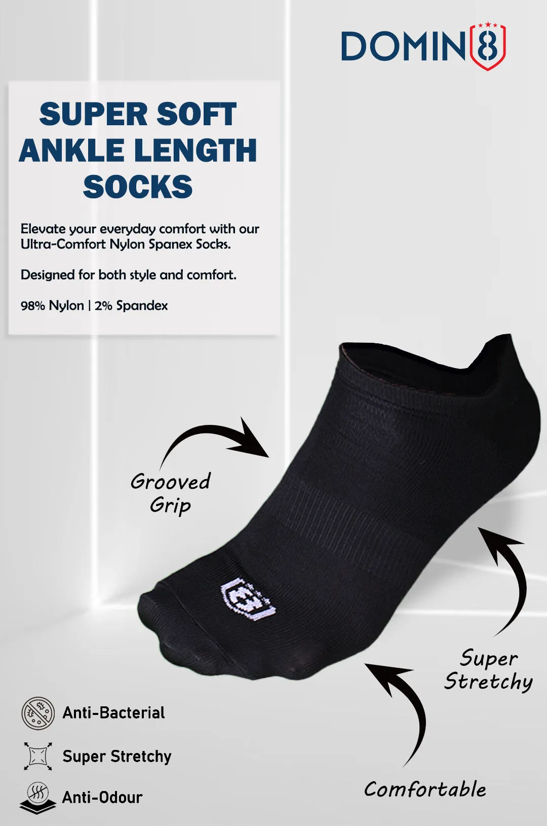 Nylon Low Ankle Socks With Rubber Grip Set - Black