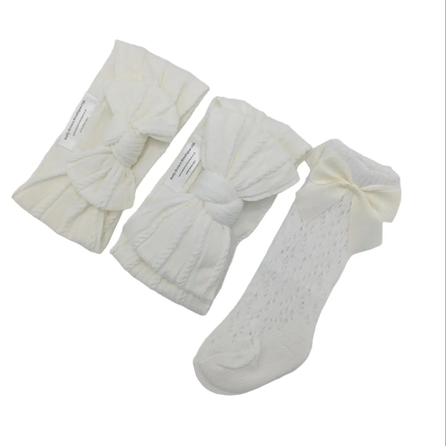 Our Pearl White Larger, Smaller Headband & Ivory Open Patterned Knee High Socks Set