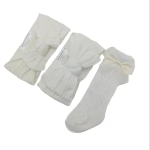 Our Pearl White Larger, Smaller Headband & Ivory Open Patterned Knee High Socks Set