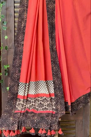 patchwork applique saree - peach buff & kohl leaves